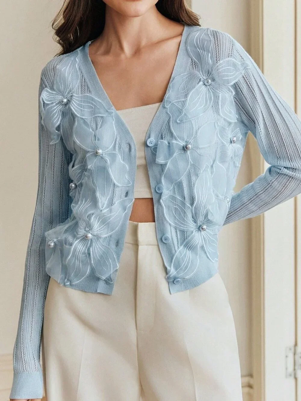 Baby Blue Casual Women's Elegant Baby Openwork Cardigan